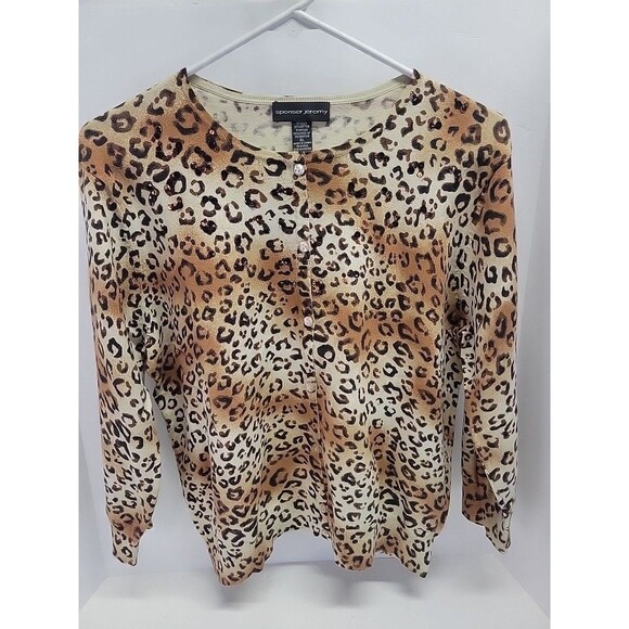 Spenser Jeremy Cheetah Print Silk Blend Crew Neck Button Down Cardigan Size XL - Picture 2 of 11